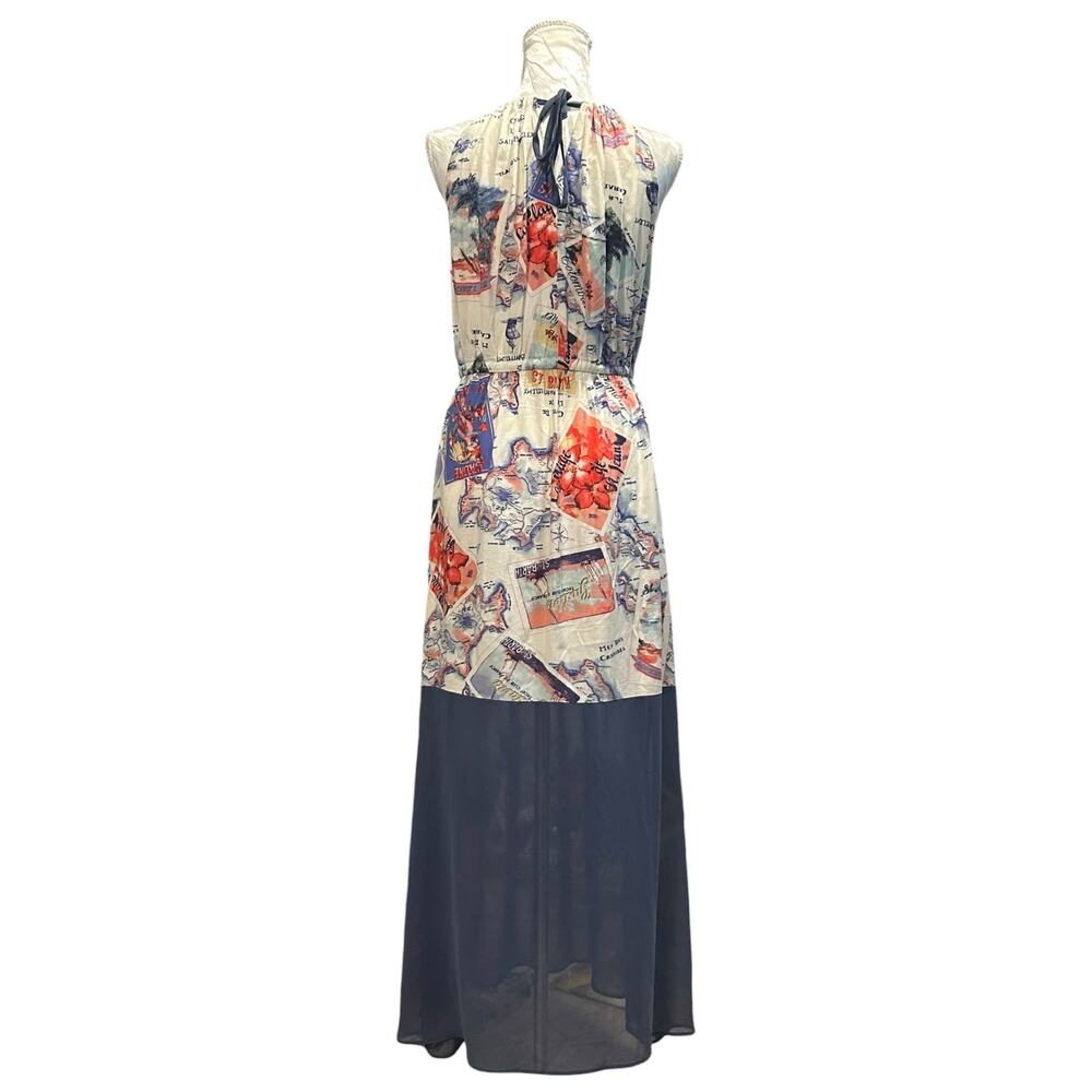 Postcard Print Halter Maxi Dress Sheer Chiffon Hem Tie Neck Womens Small - Picture 3 of 16